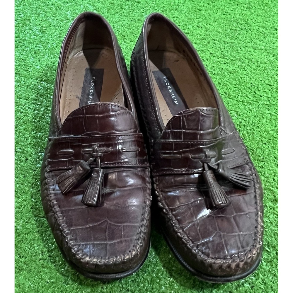 Retro Florsheim Pisa moc toe tassel loafer 8.5 brown embossed leather Preppy